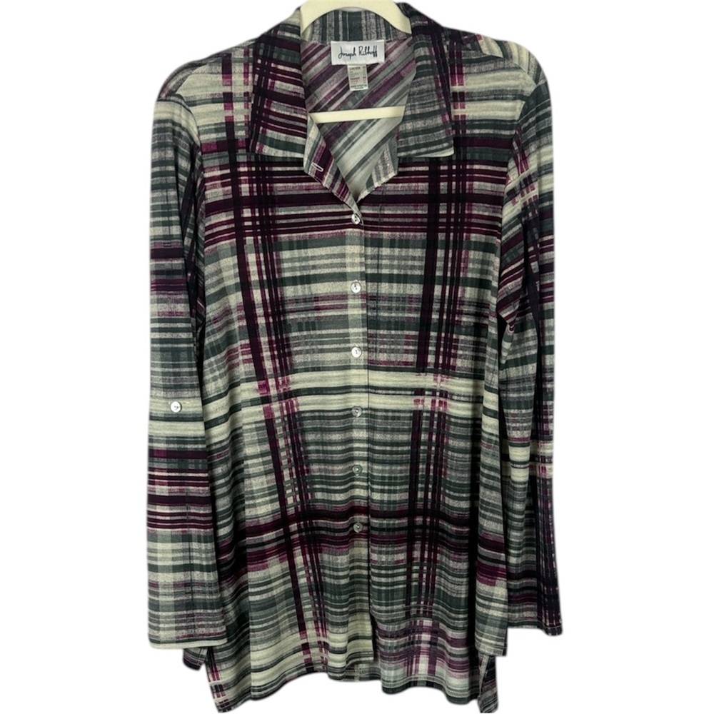 Joseph Ribkoff Casual Plaid Multicoloured Striped Roll Up Sleeve Blouse Size 10